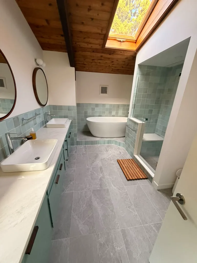 Bathroom by Tiles by Fox with sage green wall tile, a freestanding tub and a walk-in shower